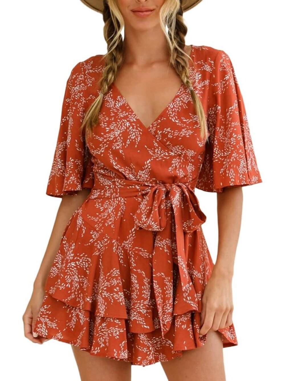 Women's Orange Short Flared Sleeve V Neck Floral Print Waist Tie Romper